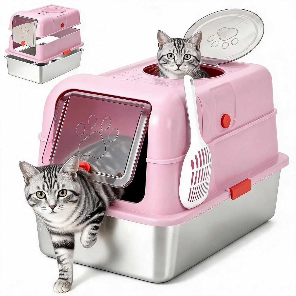 Covered Stainless Steel Cat Litter Box With Dual Entry Lid