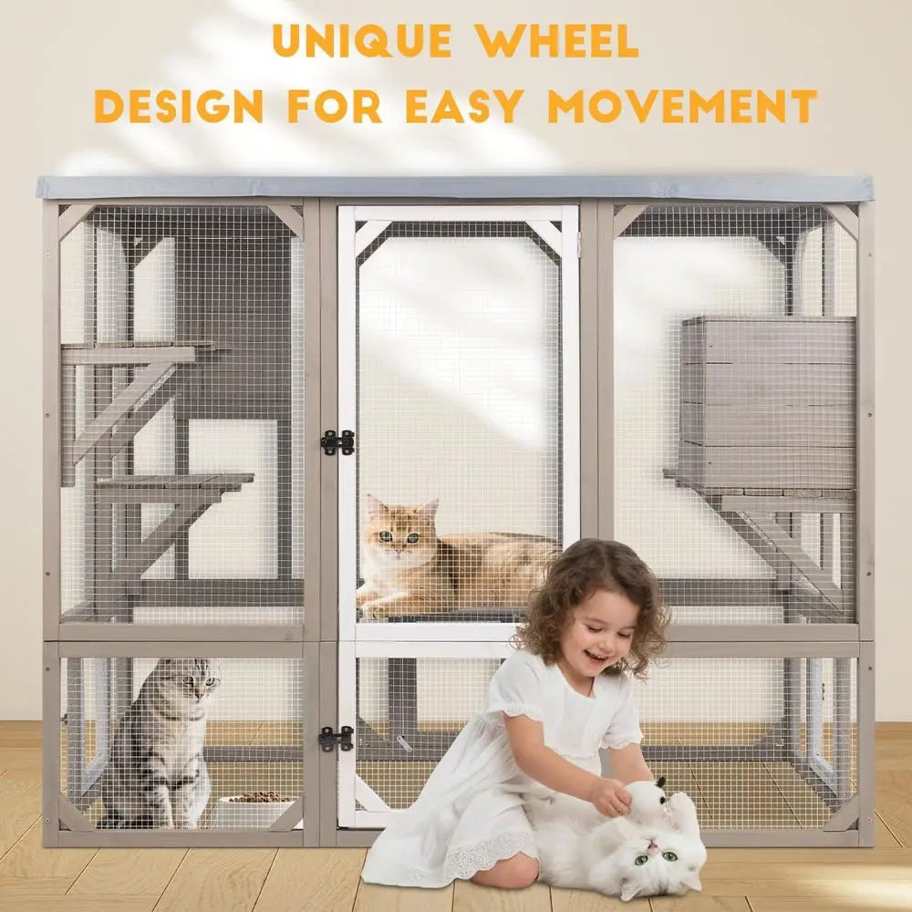Outdoor Wooden Cat Catio Enclosure With Platforms And Resting Box