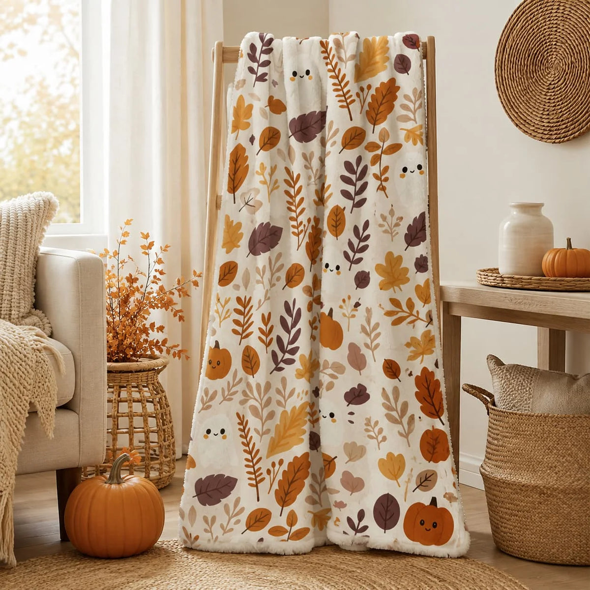 Autumn Ghost Pumpkin Fleece Blanket For Halloween Decor