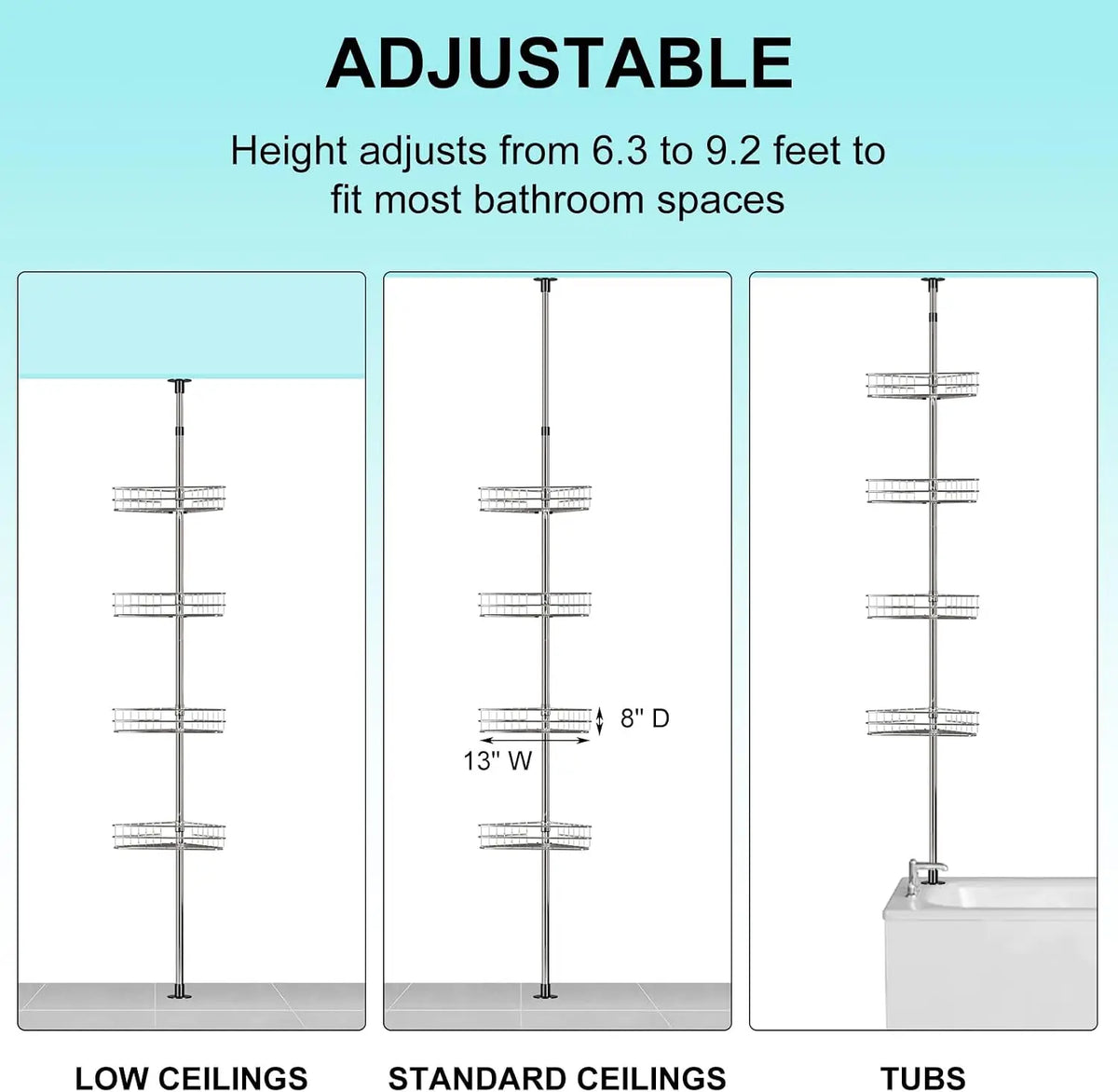 Adjustable Bathroom Corner Shower Tension Pole Organizer Rack