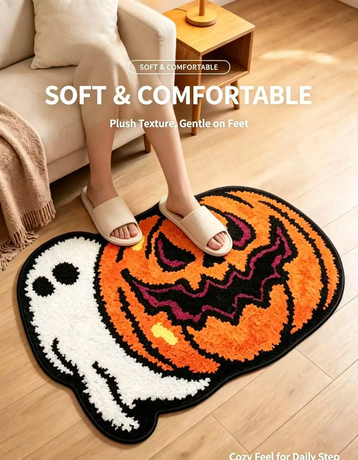 Halloween Ghost & Pumpkin Shaped Plush Doormat, Non Slip Soft Floor Rug, Fall Harvest Decorative Entrance Mat for Home Front Door Party Decor