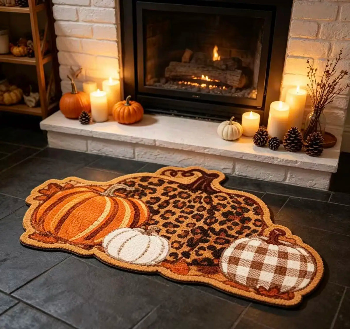 Fall Pumpkin Shaped Doormat, Leopard & Plaid Pumpkin Pattern Non Slip Floor Mat, Autumn Harvest Decorative Rug for Front Door Entrance Home Halloween Decor