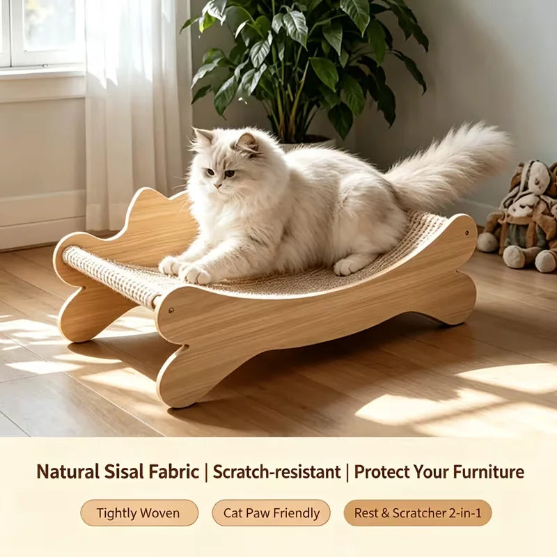 Modern Curved Wooden Cat Scratcher Bed With Sisal Lounge Pad