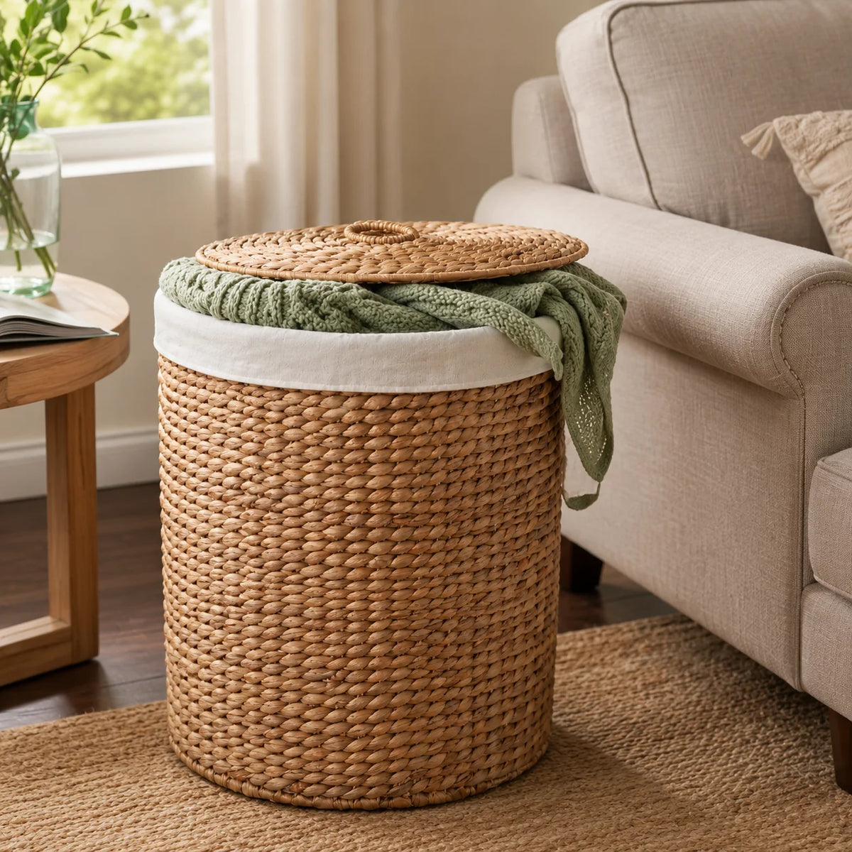 Woven Water Hyacinth Laundry Hamper With Lid And Removable Liner