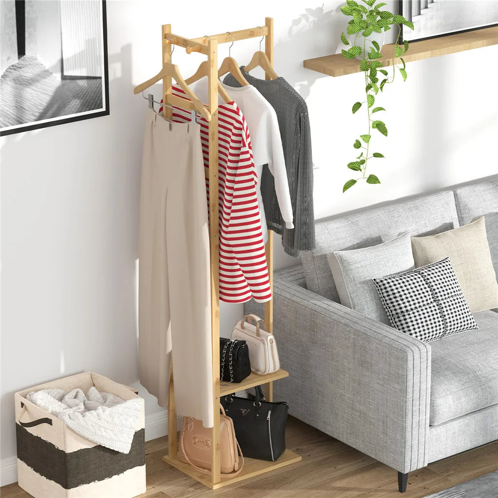 Bingopaw Bamboo Clothing Rack With Two Tier Storage Shelves