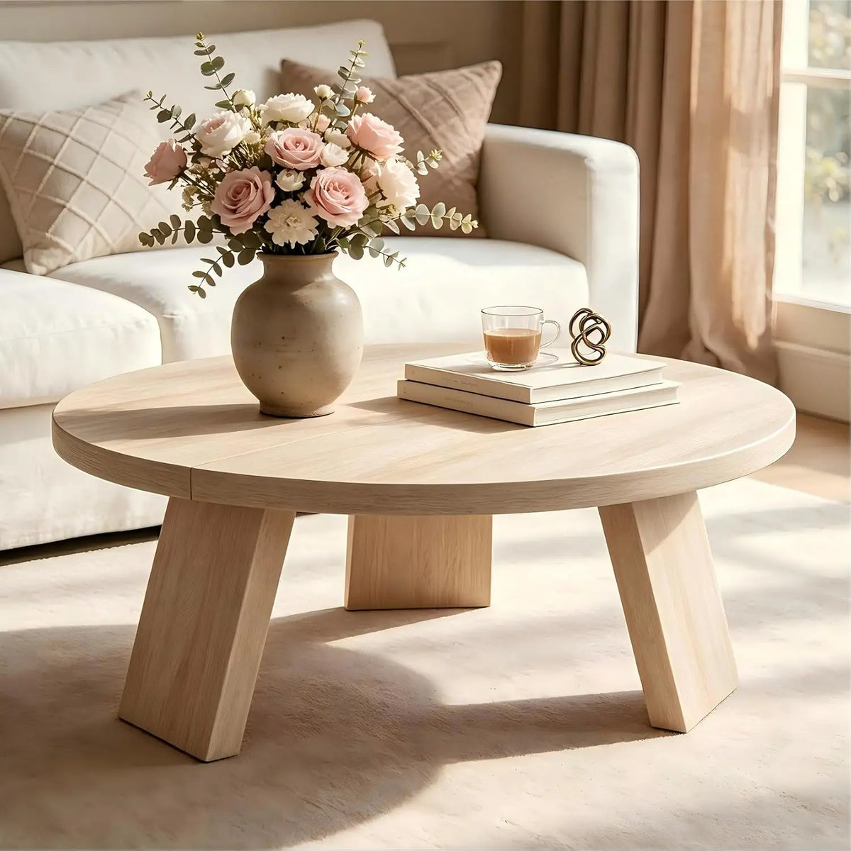 HiMISS Round Wooden Coffee Table For Modern Living Room