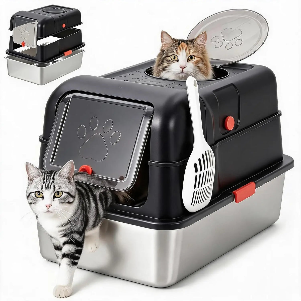 Covered Stainless Steel Cat Litter Box With Dual Entry Lid