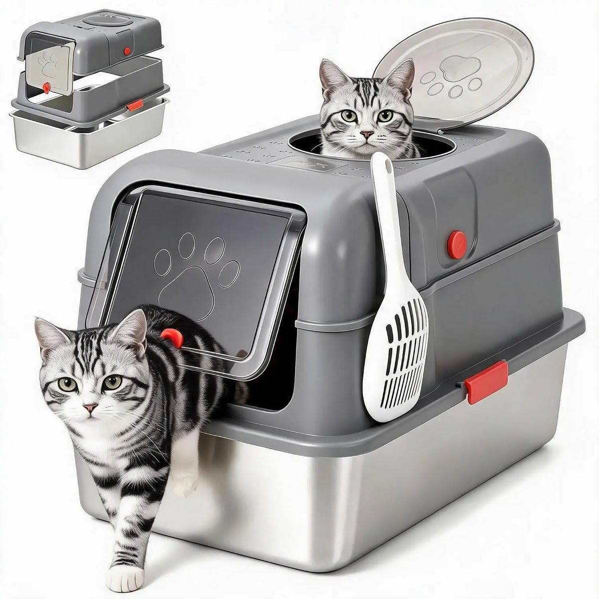 Covered Stainless Steel Cat Litter Box With Dual Entry Lid
