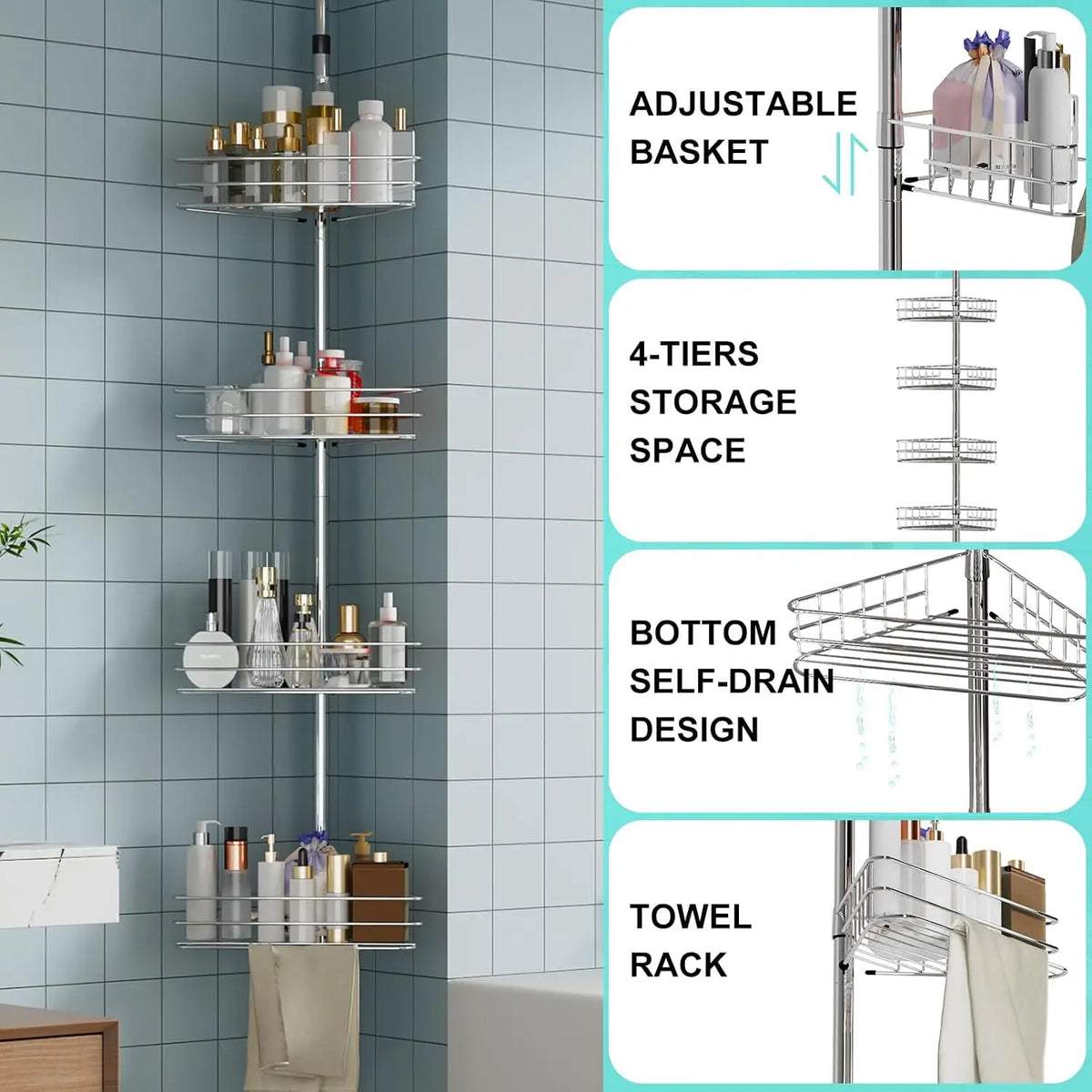Adjustable Bathroom Corner Shower Tension Pole Organizer Rack