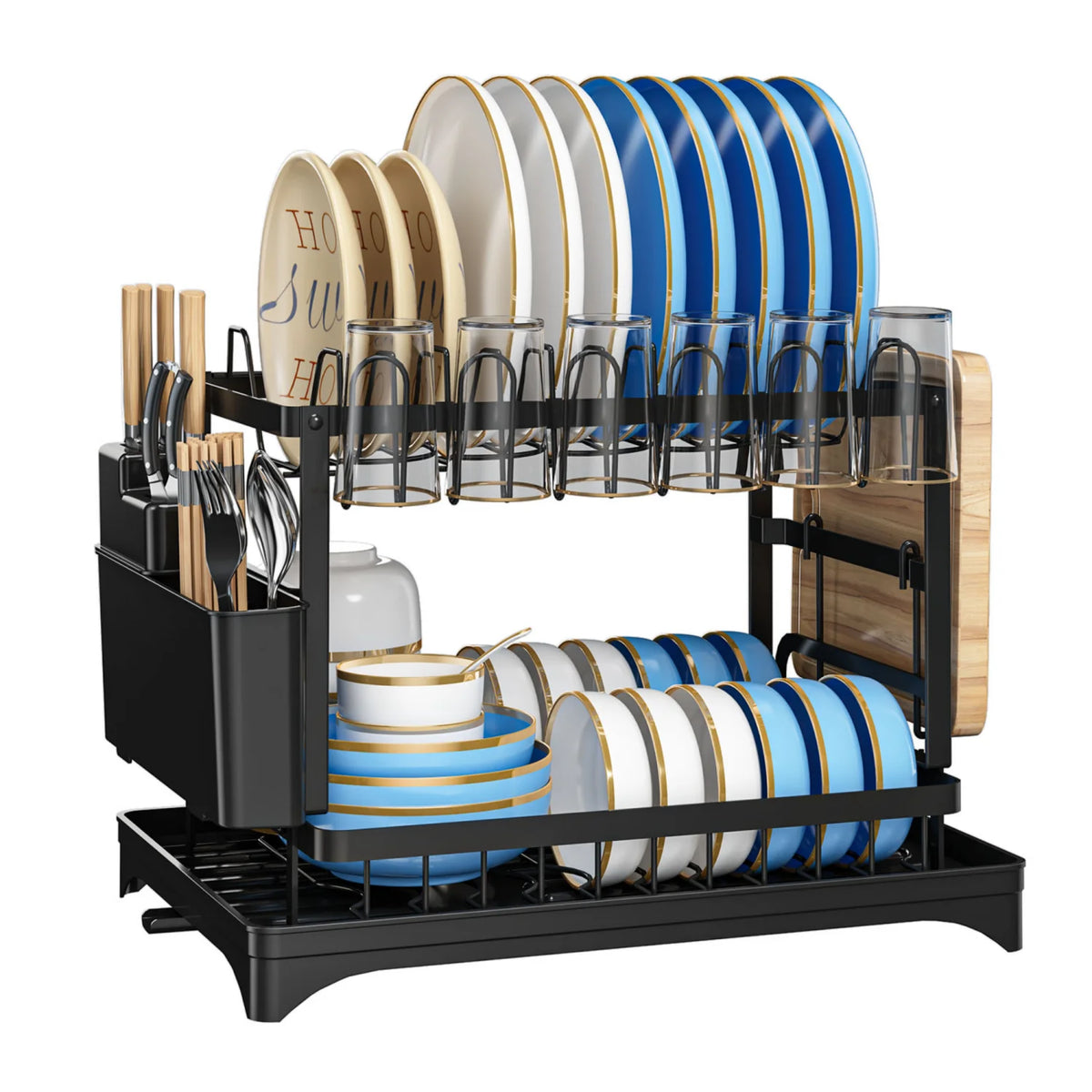 HiMISS Double Tier Dish Drying Rack With Drainage Tray