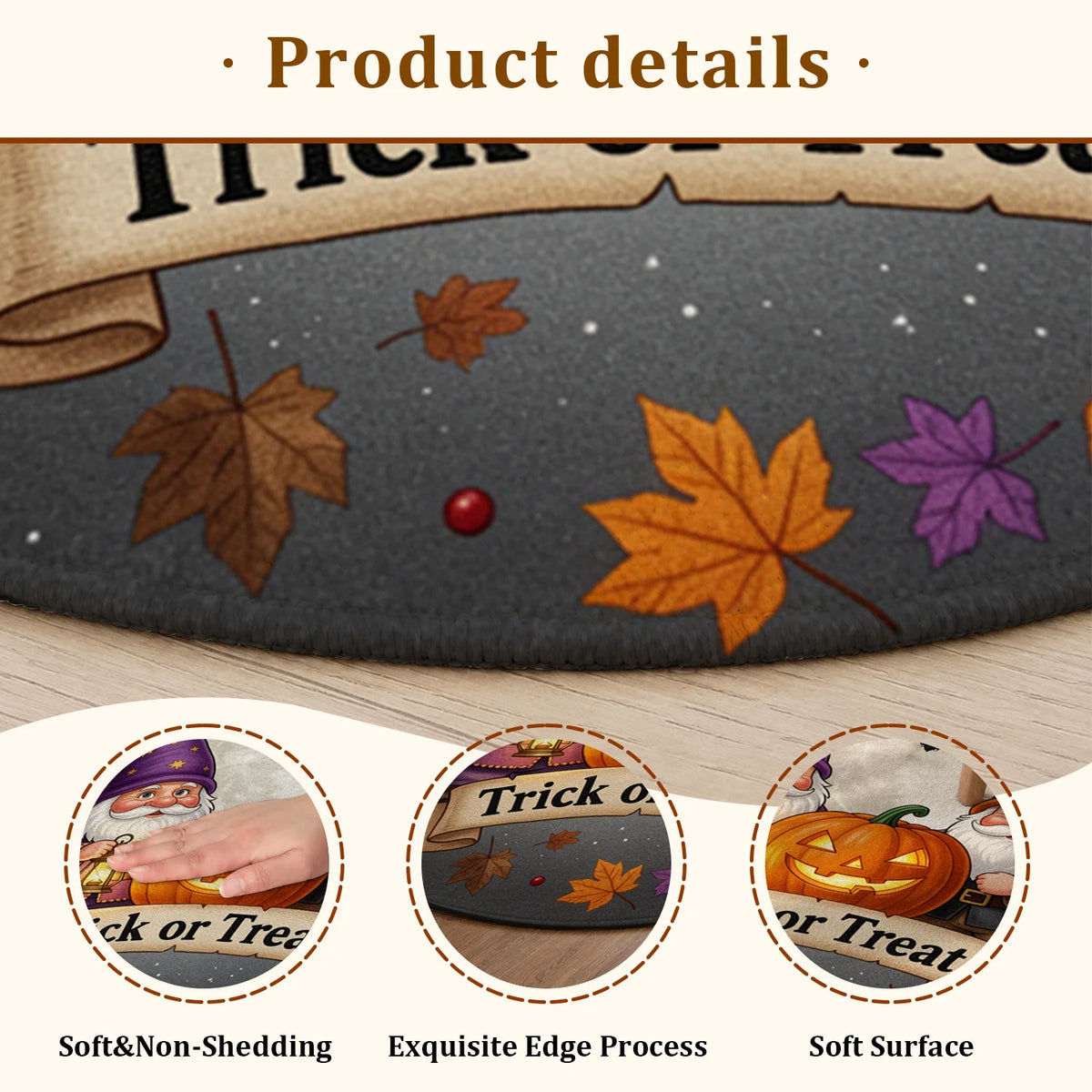 Halloween Gnome Jack-o-Lantern Bat Moon Trick or Treat Round Velvet Doormat, Machine Washable, Stable Placement, Ideal for Entryway, Living Room, Porch, Patio, Great for Halloween, Thanksgiving, Christmas, New Year, Black Fri