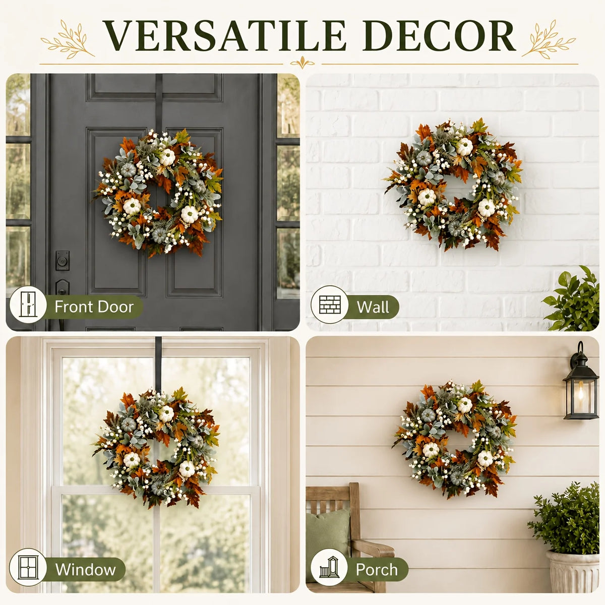 Peony And Pumpkin Autumn Wreath With Leaves And Berries