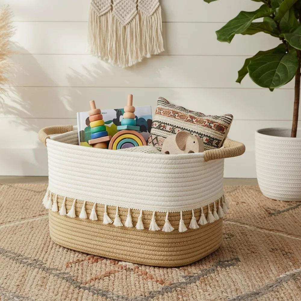Decorative Woven Cotton Rope Storage Basket Set For Home