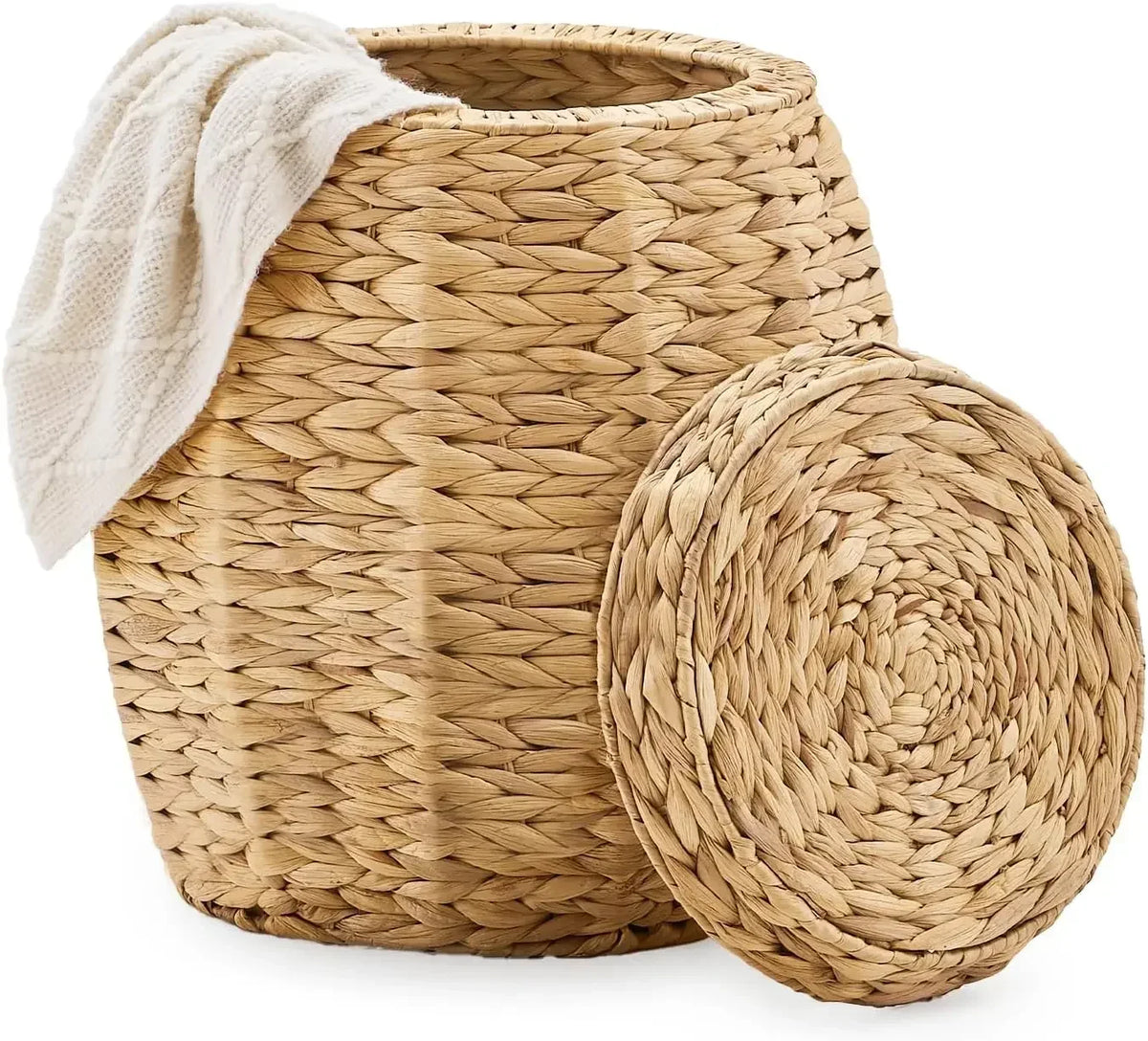 Handwoven Round Water Hyacinth Blanket Storage Basket With Lid