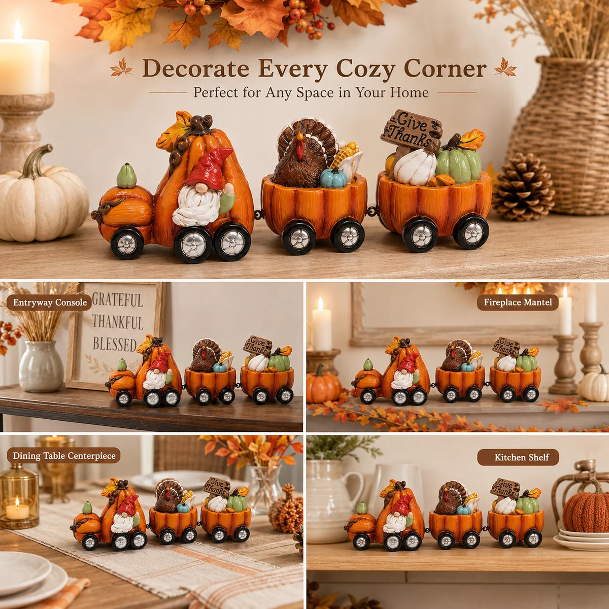 Hodao Resin Thanksgiving Pumpkin Train Figure, 3-Car Fall Harvest Decor with Gnome, Turkey, Corn, Pumpkins & Give Thanks Sign, 7.8" Long Autumn Farmhouse Tabletop Centerpiece, Seasonal Shelf Mantel Decor, Holiday Gift for Hom