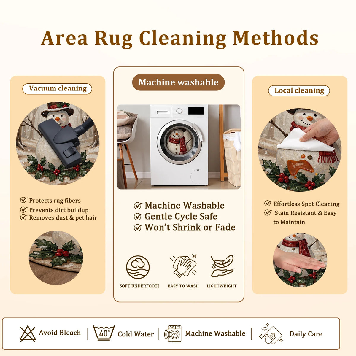 Snowman Winter Forest Holly Machine Washable Velvet Rug