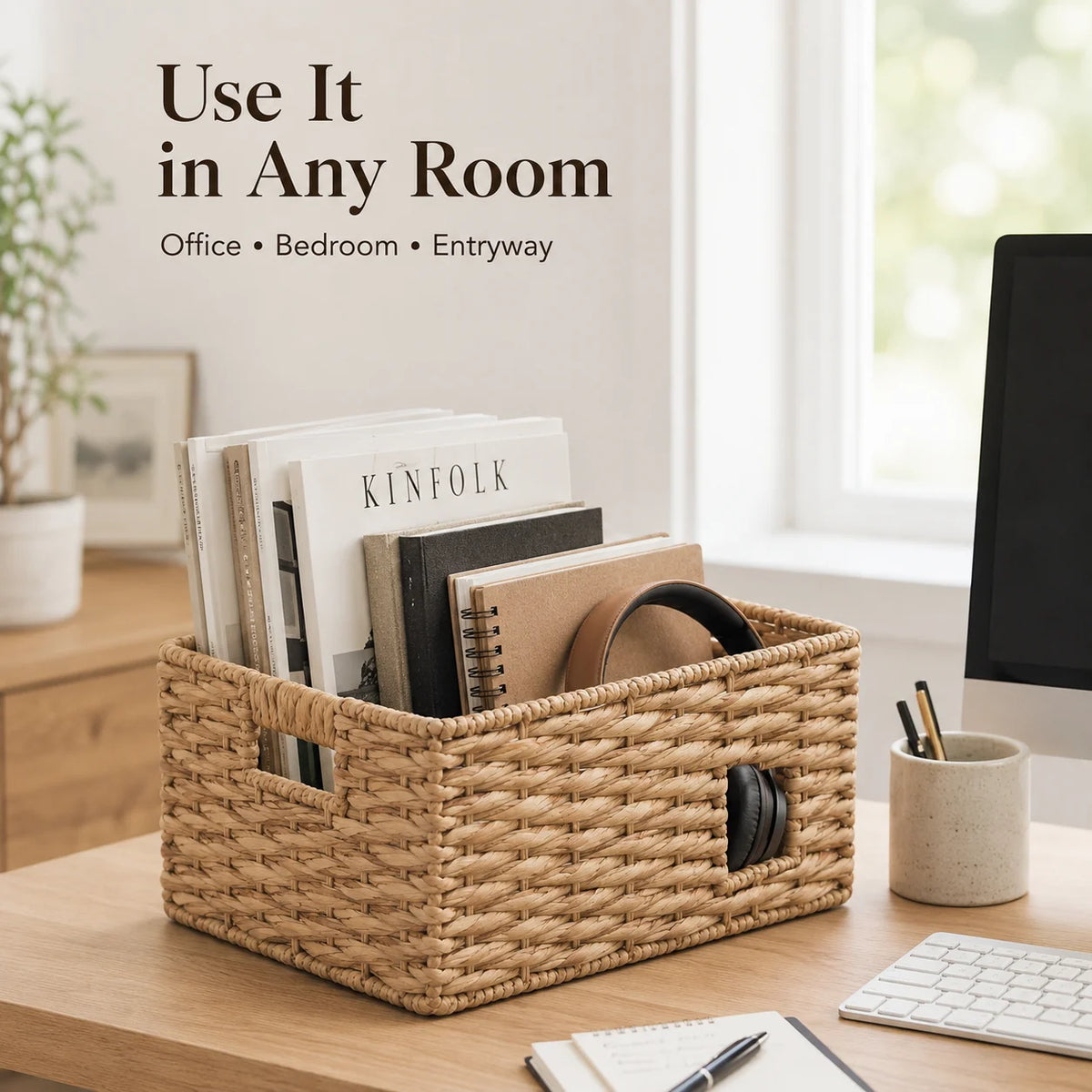 Water Hyacinth Woven Storage Basket With Handles For Home Organization