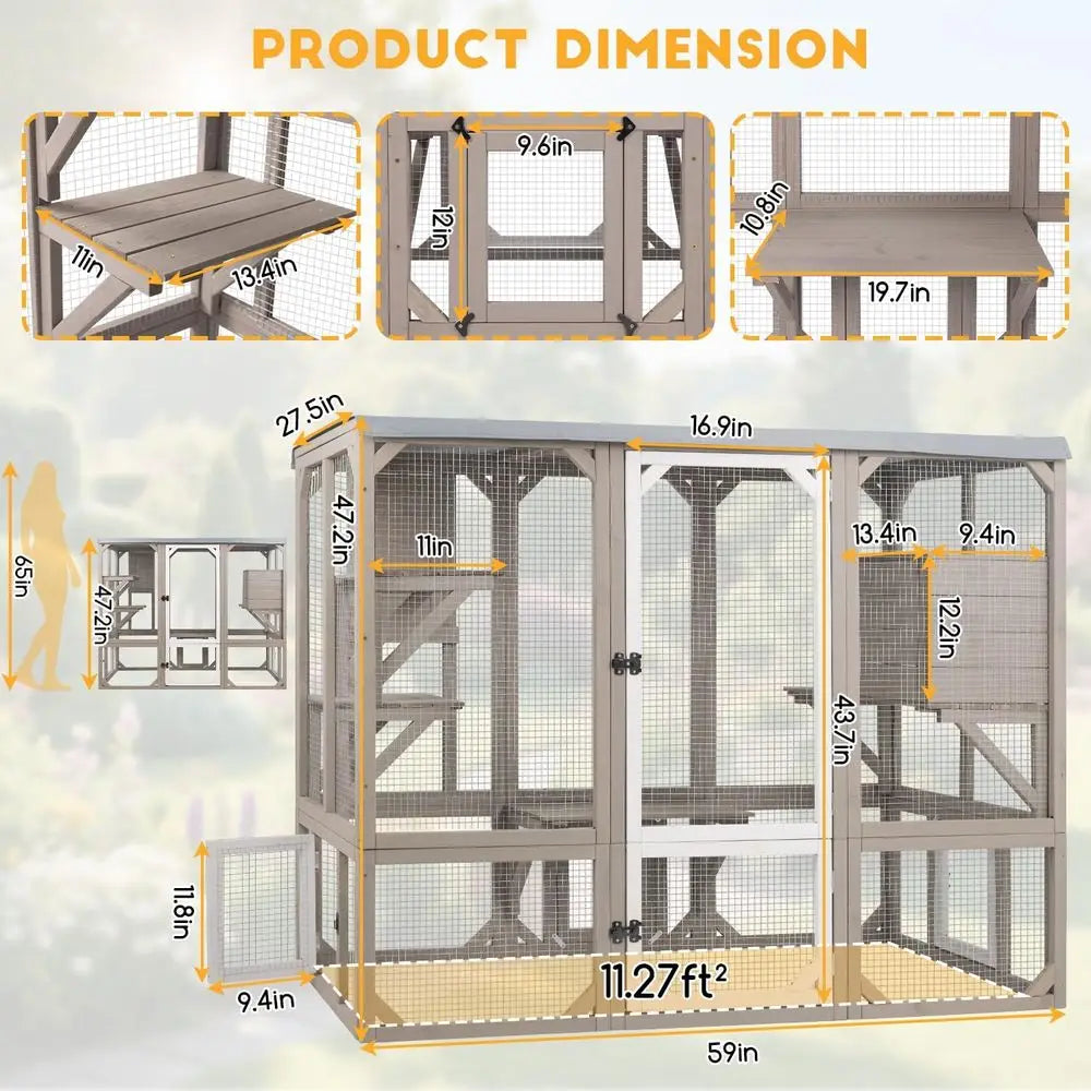 Outdoor Wooden Cat Catio Enclosure With Platforms And Resting Box