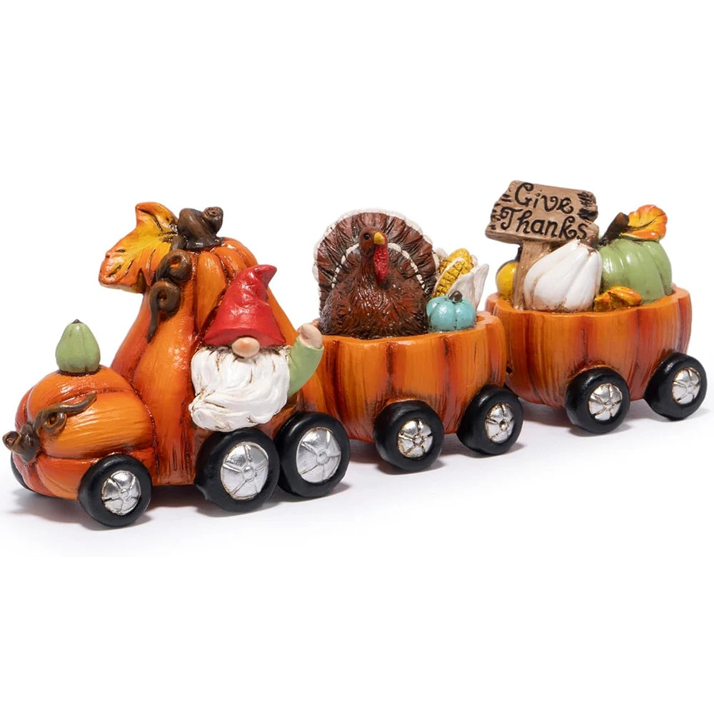 Hodao Resin Thanksgiving Pumpkin Train Figure, 3-Car Fall Harvest Decor with Gnome, Turkey, Corn, Pumpkins & Give Thanks Sign, 7.8" Long Autumn Farmhouse Tabletop Centerpiece, Seasonal Shelf Mantel Decor, Holiday Gift for Hom