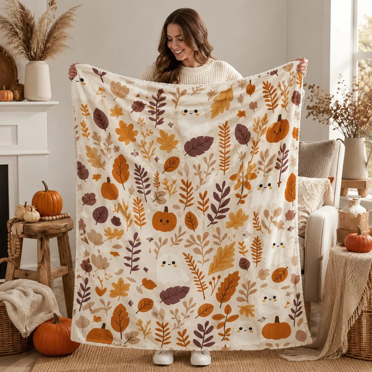 Autumn Ghost Pumpkin Fleece Blanket For Halloween Decor