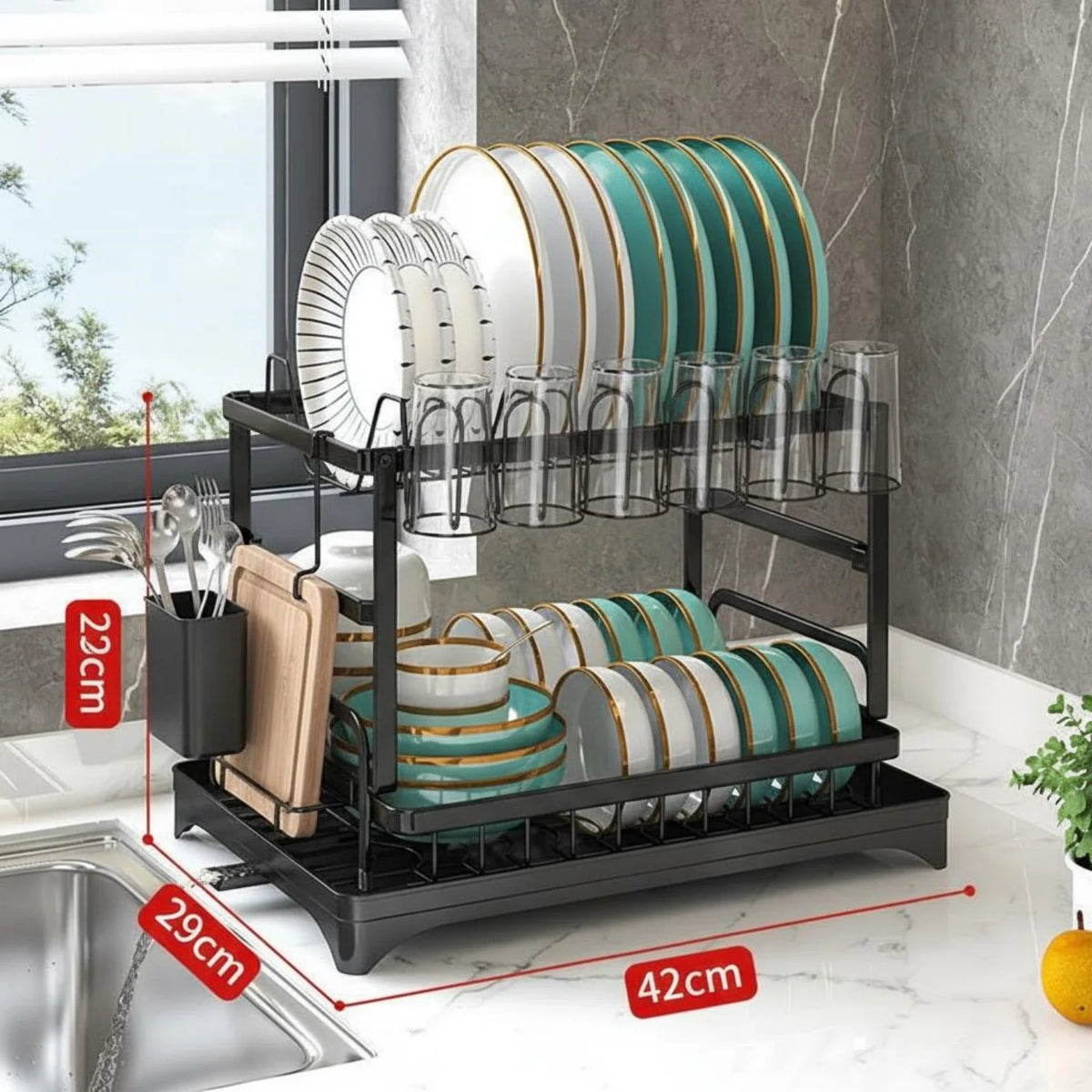 HiMISS Double Tier Dish Drying Rack With Drainage Tray