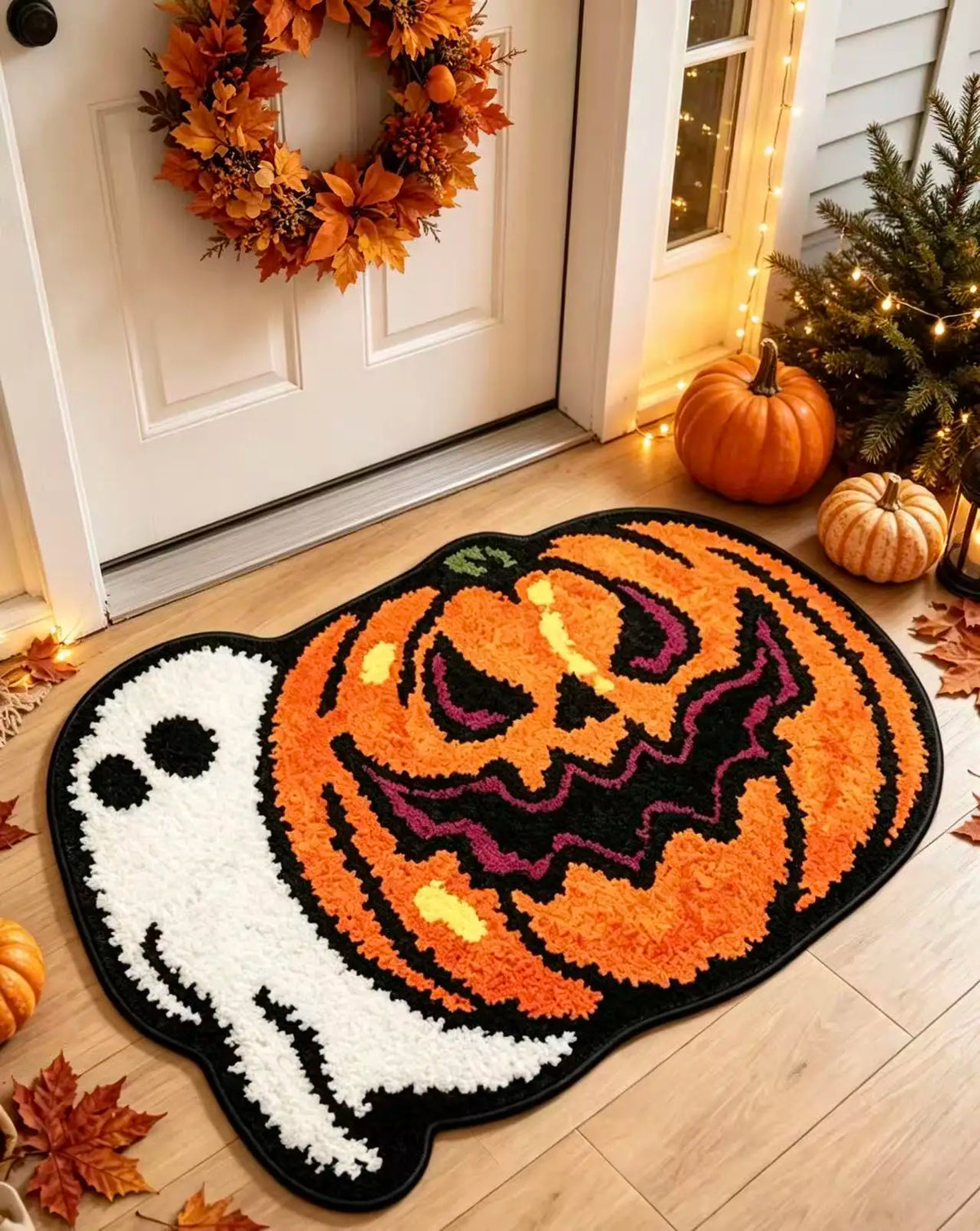 Halloween Ghost & Pumpkin Shaped Plush Doormat, Non Slip Soft Floor Rug, Fall Harvest Decorative Entrance Mat for Home Front Door Party Decor