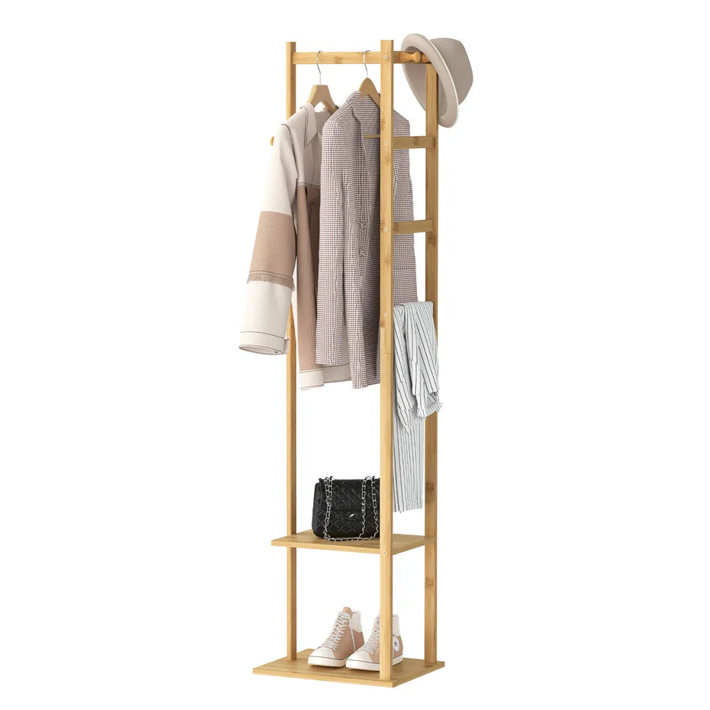 Bingopaw Bamboo Clothing Rack With Two Tier Storage Shelves
