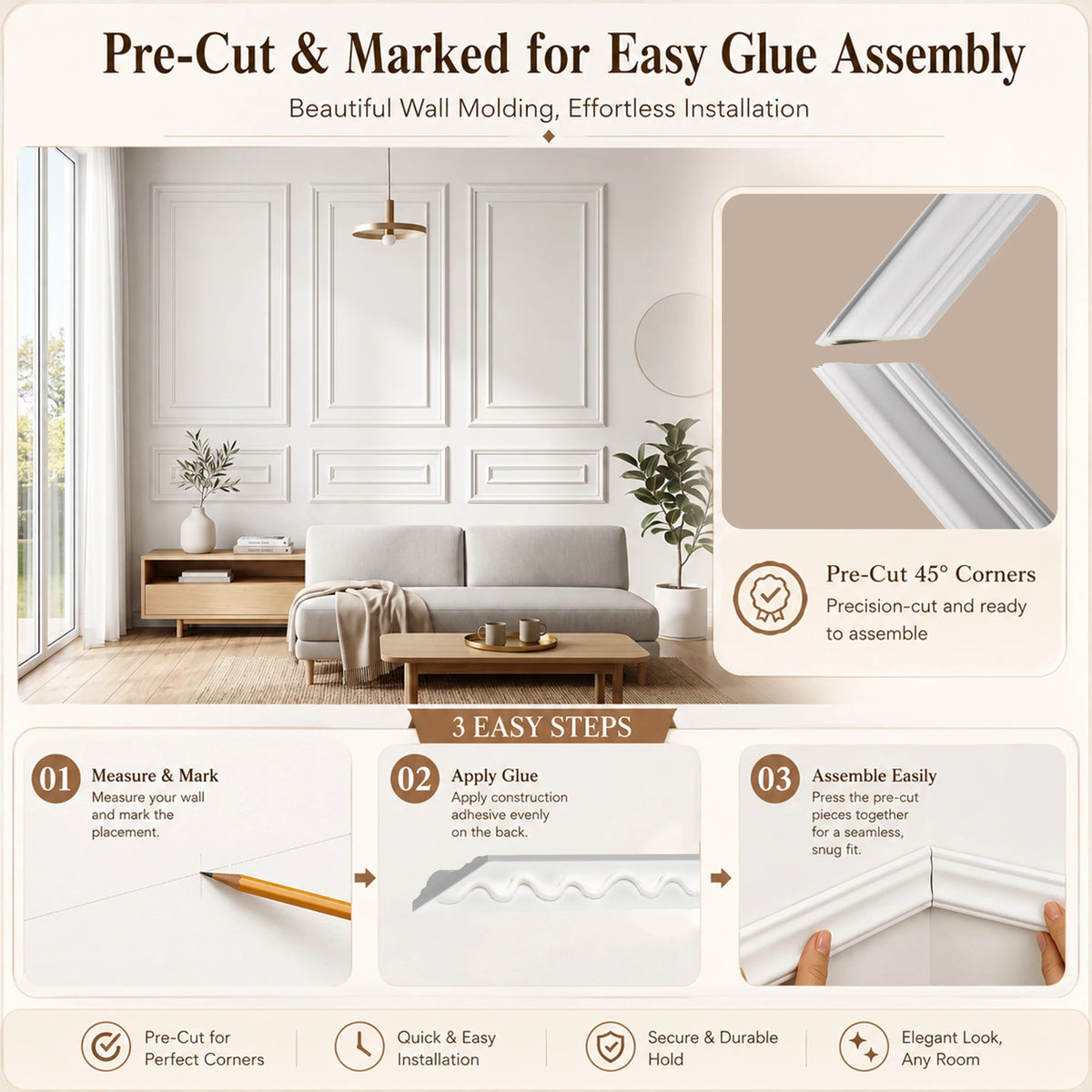 Pre-Cut Double Frame Wainscoting Peel And Stick Wall Trim Kit