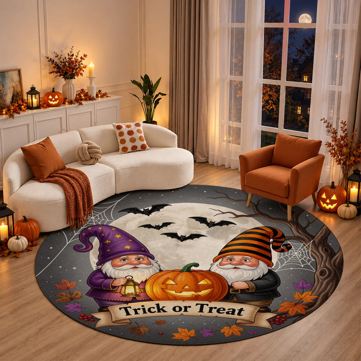 Halloween Gnome Jack-o-Lantern Bat Moon Trick or Treat Round Velvet Doormat, Machine Washable, Stable Placement, Ideal for Entryway, Living Room, Porch, Patio, Great for Halloween, Thanksgiving, Christmas, New Year, Black Fri