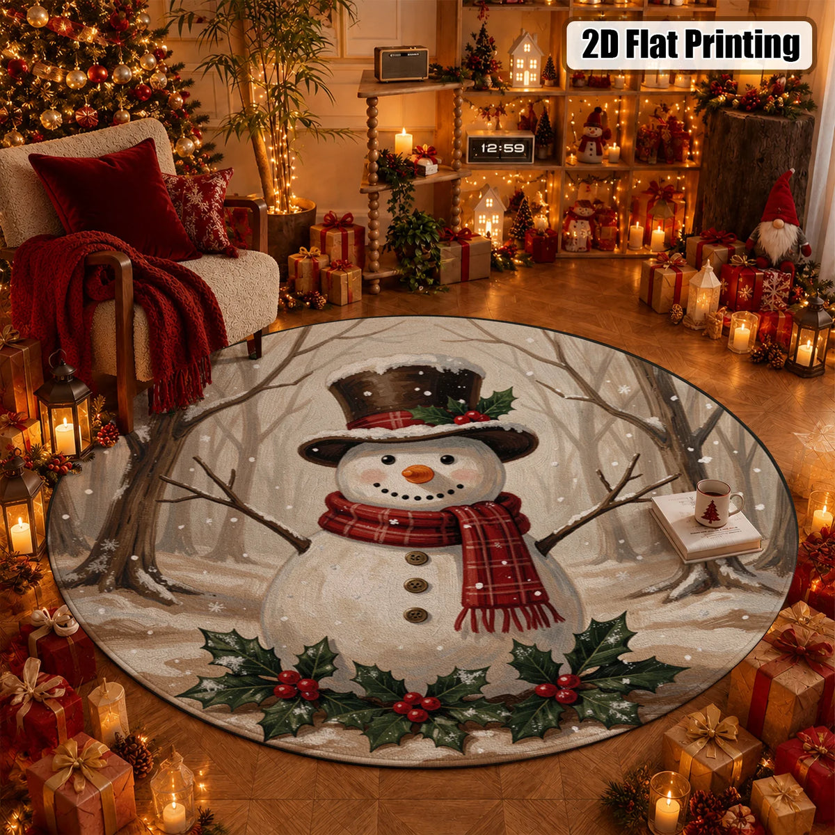 Snowman Winter Forest Holly Machine Washable Velvet Rug