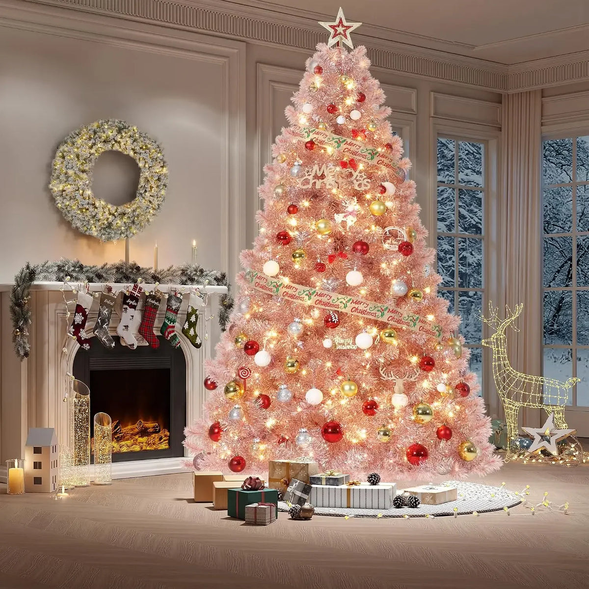 Garvee 4.5/6/7.5FT Prelit Artificial Christmas Tree Rose Gold Tinsel Fake Christmas Tree with 250 Warm White LED Lights Metal Stand & 688 Branch Tips for Home, Office, Xmas Party Decor, Gold