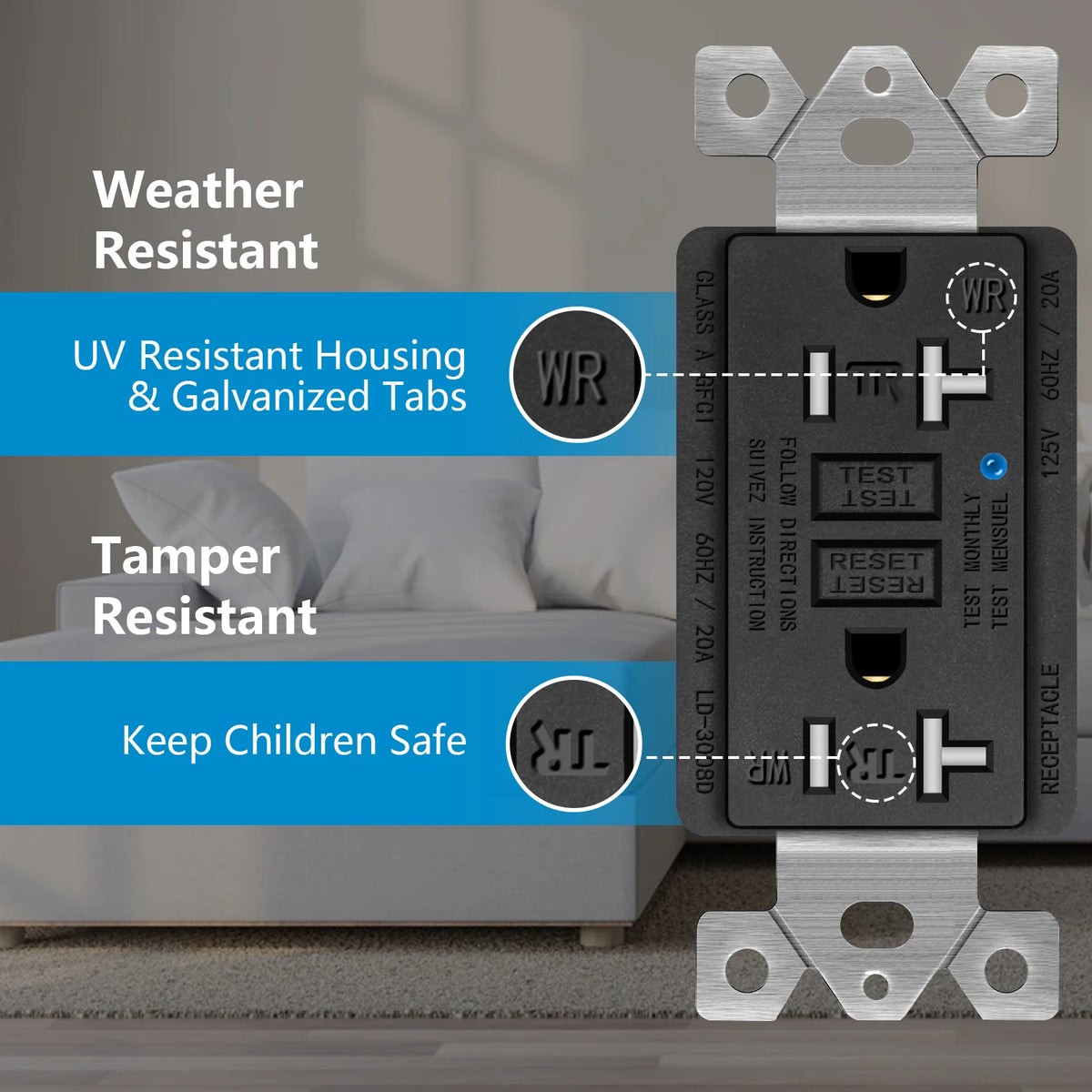 GFCI Outlet 20 Amp Tamper Resistant Receptacle LED Indicator