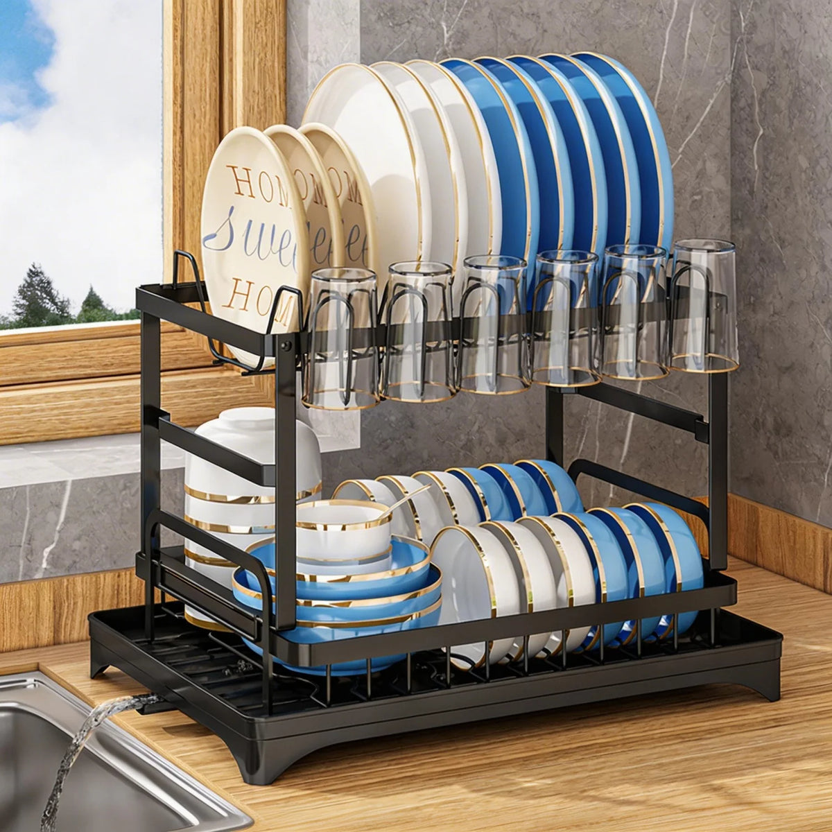HiMISS Double Tier Dish Drying Rack With Drainage Tray