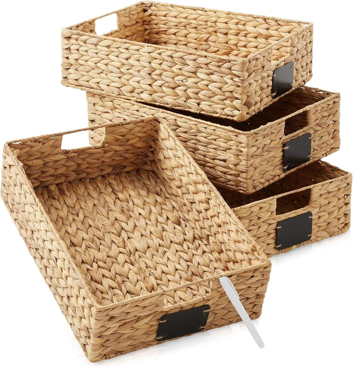 Water Hyacinth Pantry Storage Baskets With Chalkboard Labels, Set Of 4