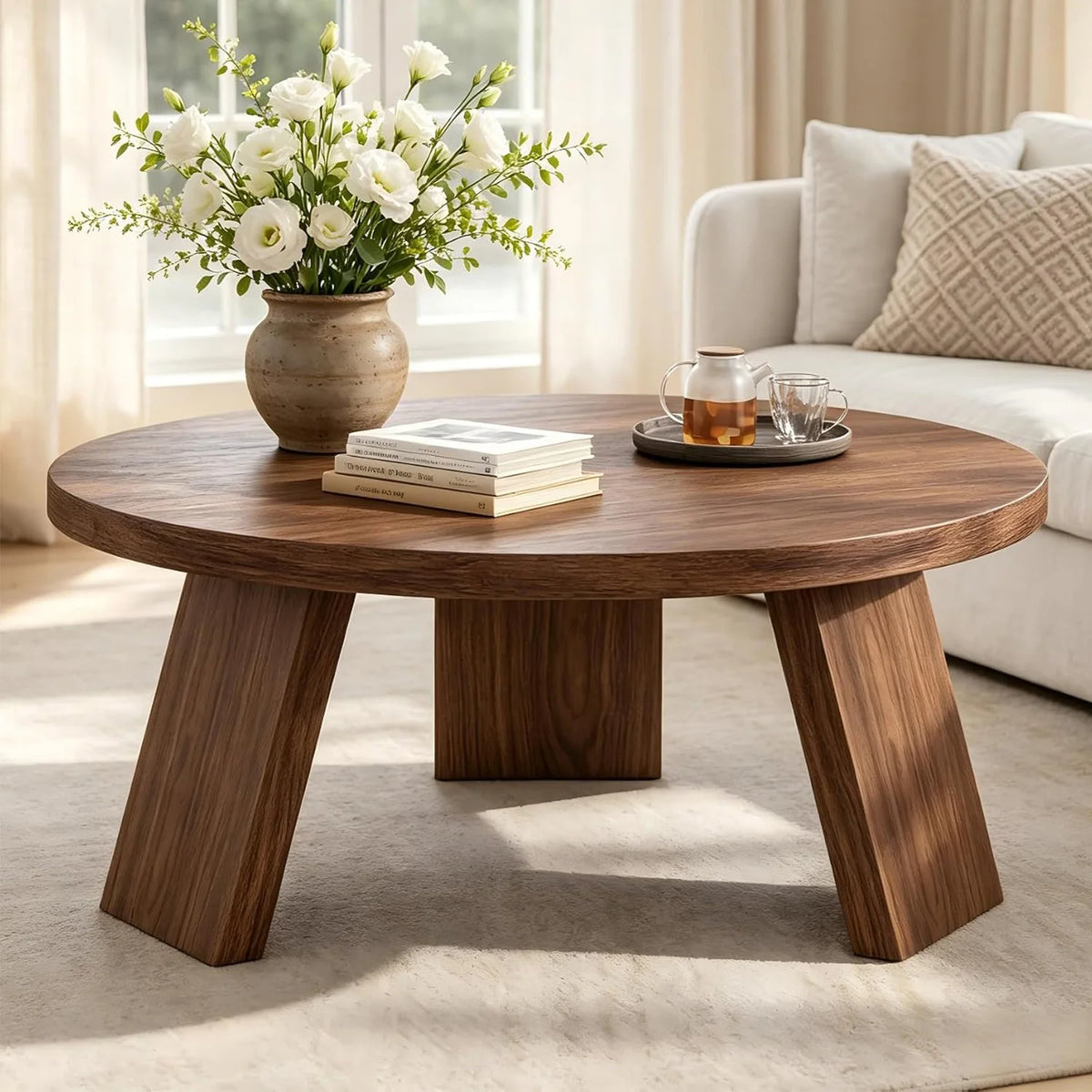 HiMISS Round Wooden Coffee Table For Modern Living Room