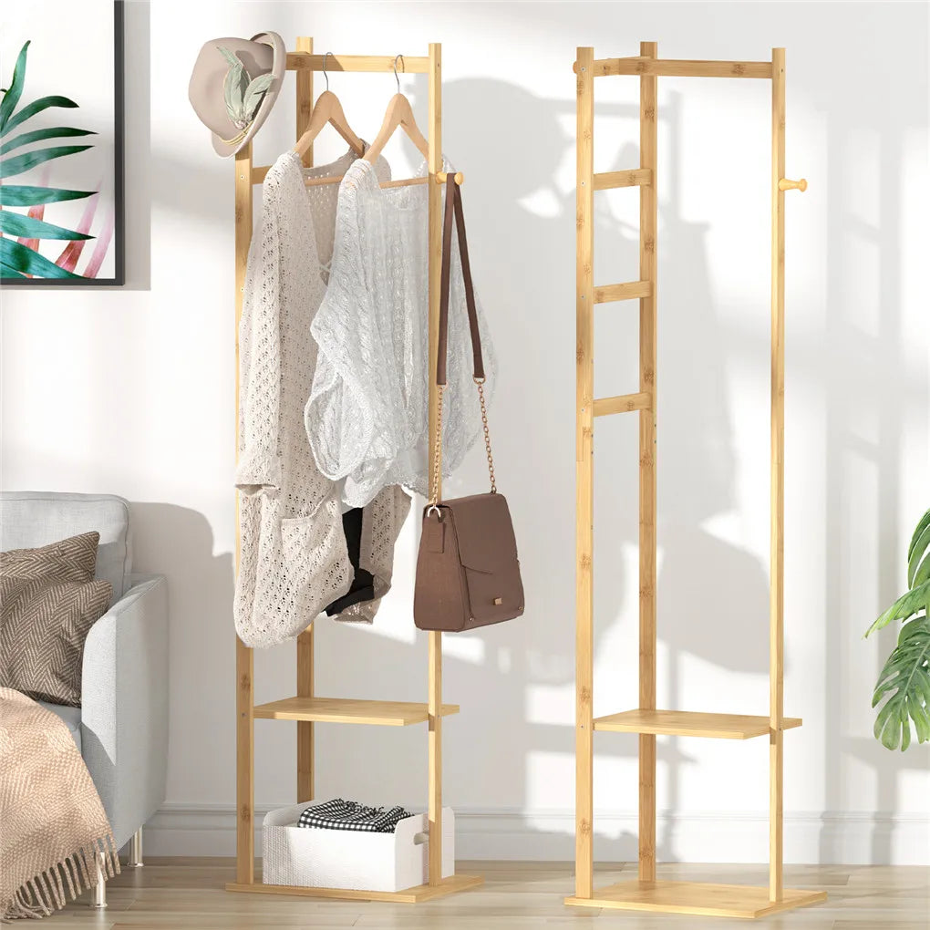 Bingopaw Bamboo Clothing Rack With Two Tier Storage Shelves