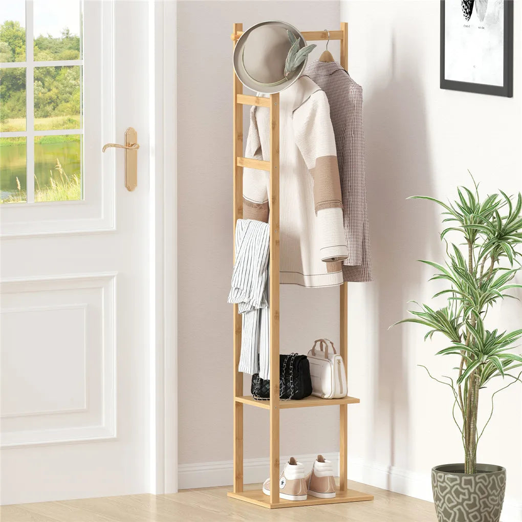 Bingopaw Bamboo Clothing Rack With Two Tier Storage Shelves