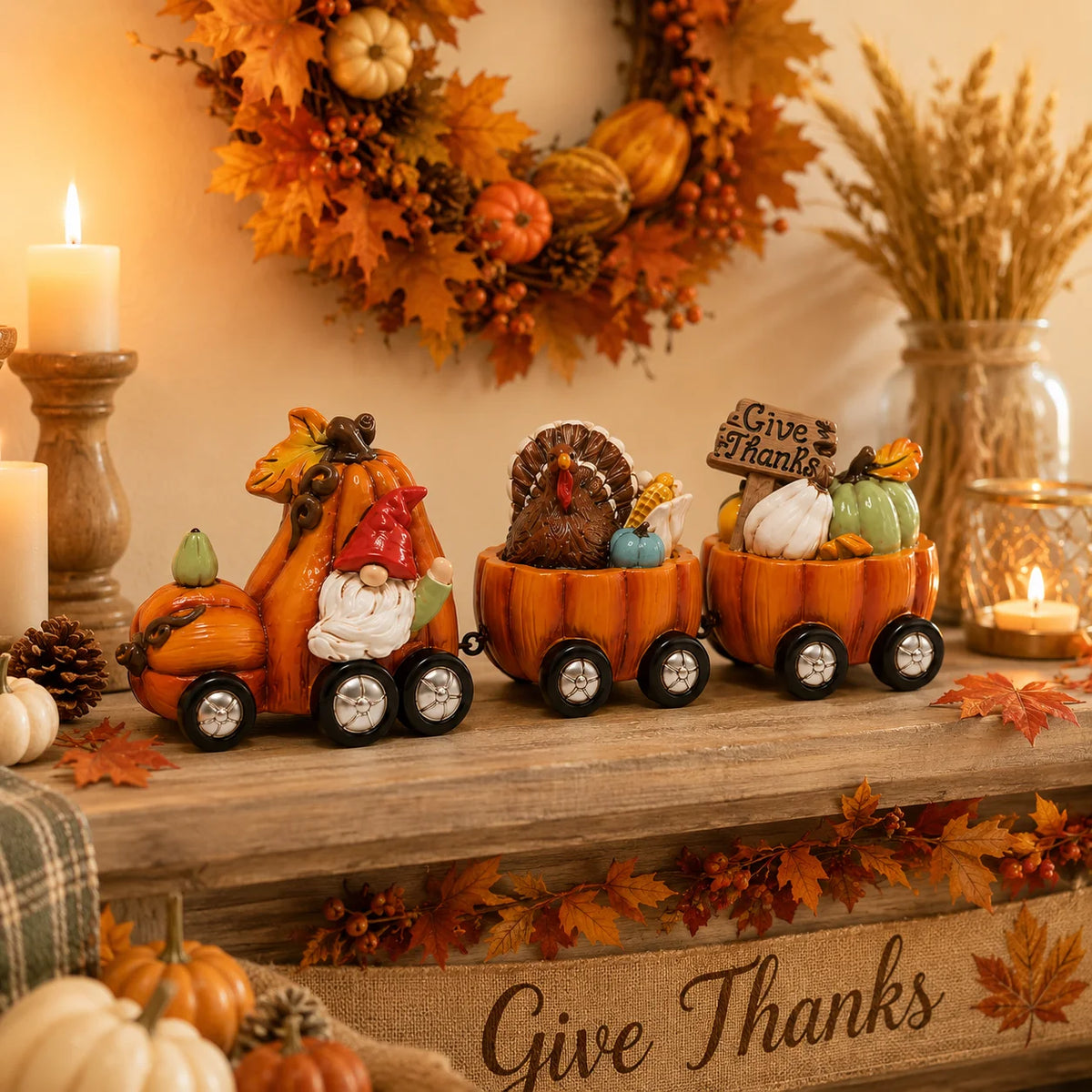 Hodao Resin Thanksgiving Pumpkin Train Figure, 3-Car Fall Harvest Decor with Gnome, Turkey, Corn, Pumpkins & Give Thanks Sign, 7.8" Long Autumn Farmhouse Tabletop Centerpiece, Seasonal Shelf Mantel Decor, Holiday Gift for Hom