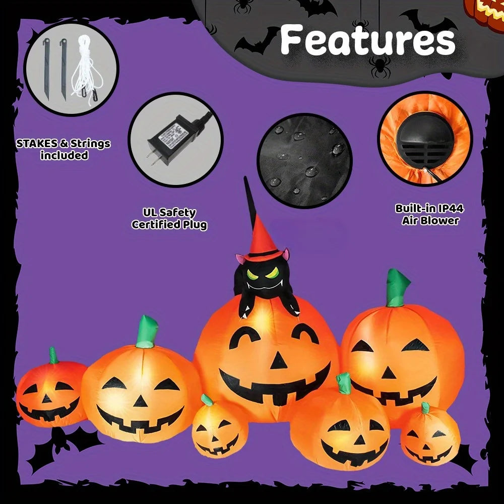 Halloween Inflatable Pumpkin With Witch Cat Led Lights Lawn Decor
