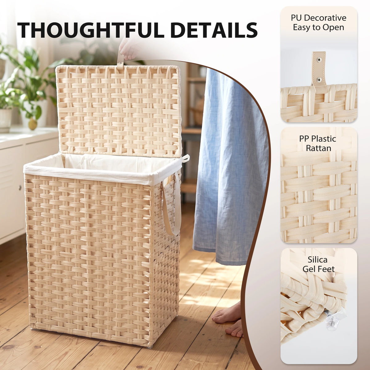 Woven Laundry Hamper with Lid and Removable Liner Handles