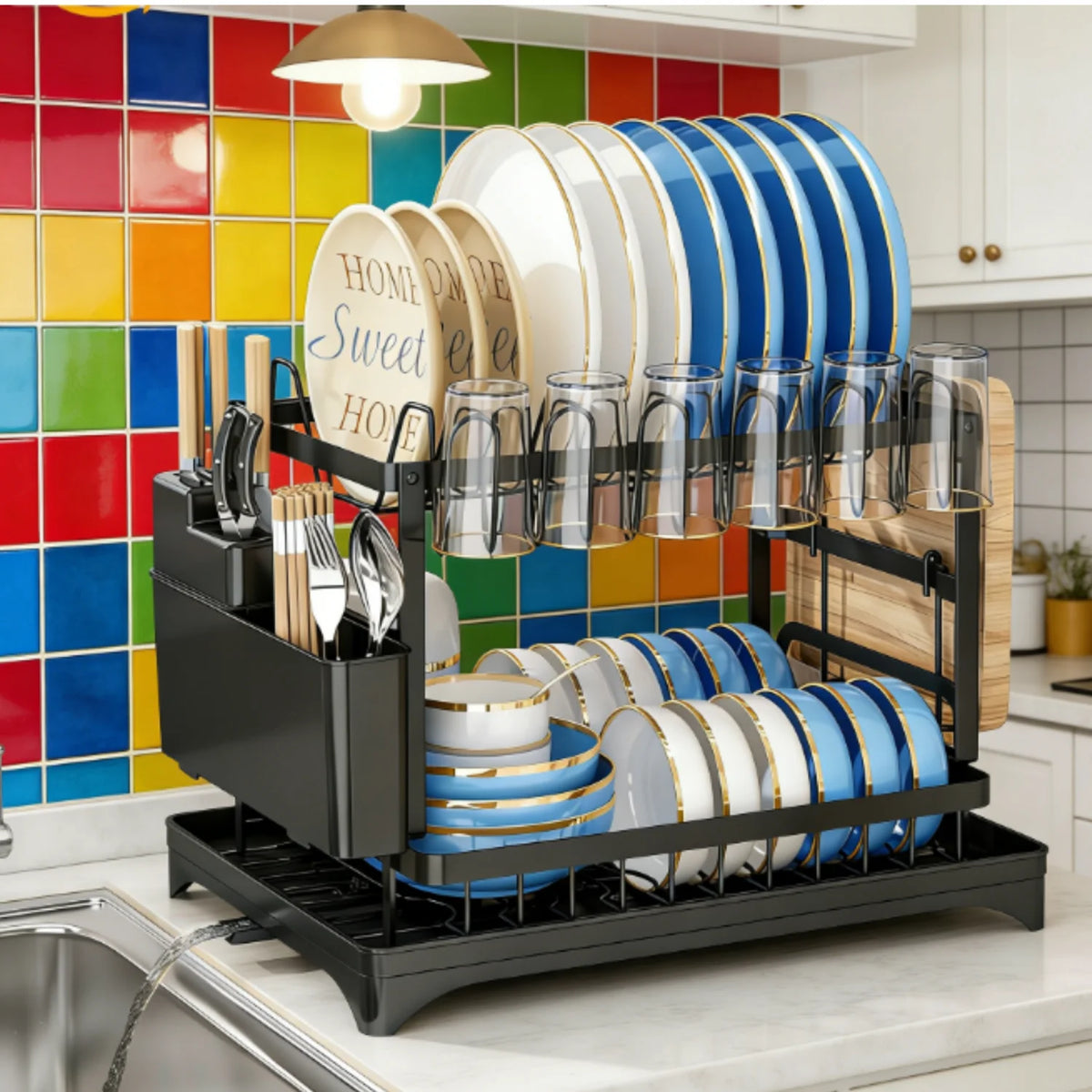 HiMISS Double Tier Dish Drying Rack With Drainage Tray