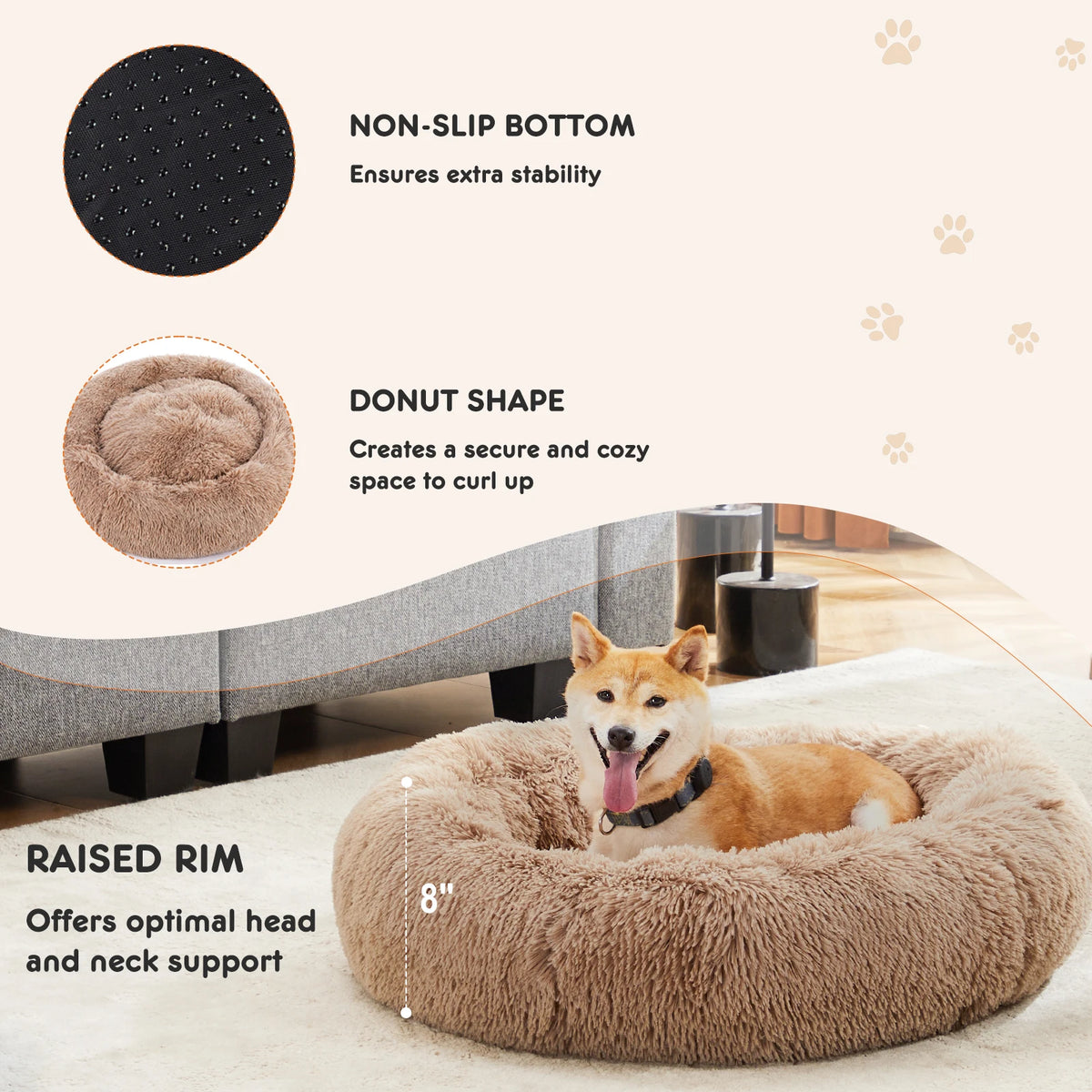 JHK Washable Plush Faux Fur Calming Dog Bed