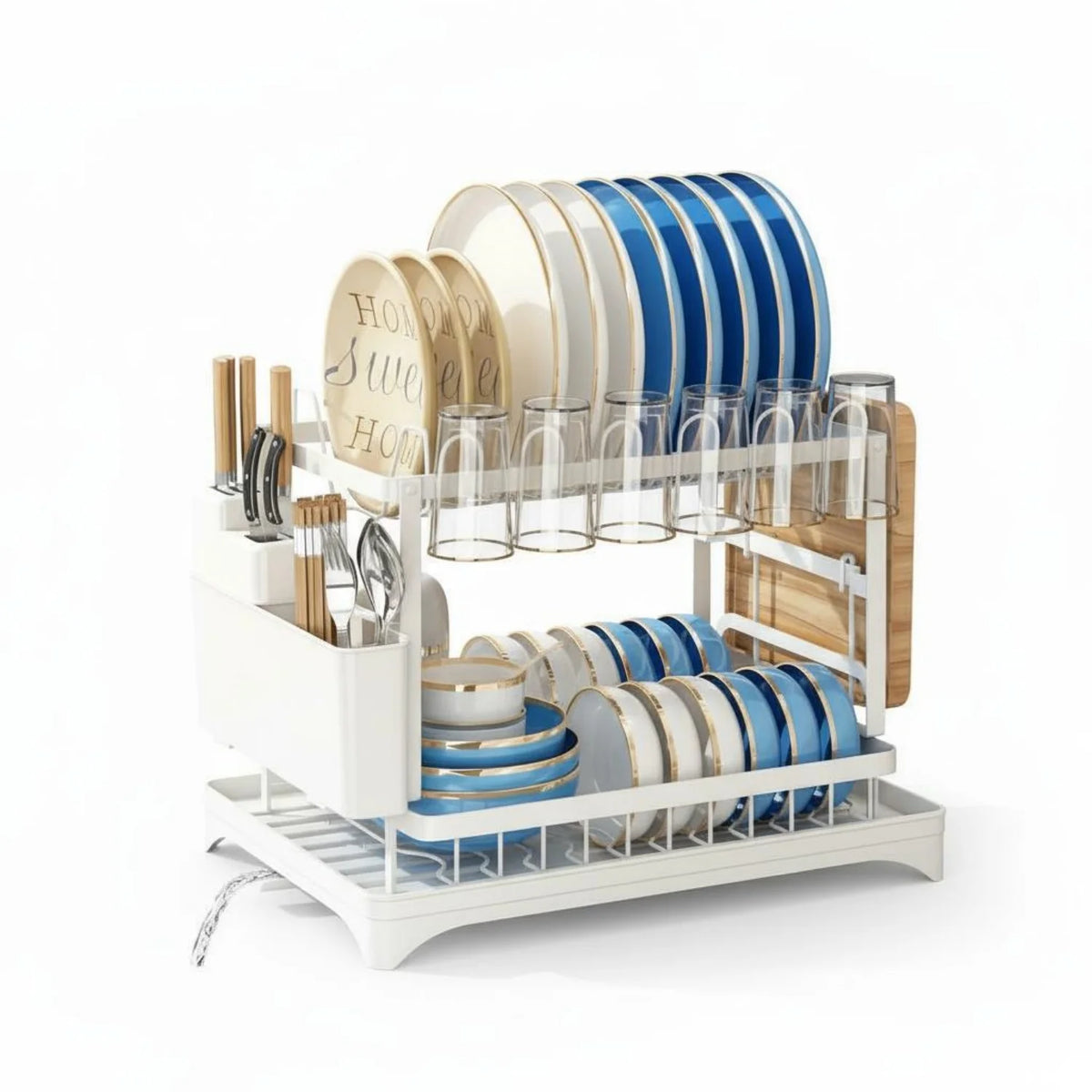 HiMISS Double Tier Dish Drying Rack With Drainage Tray