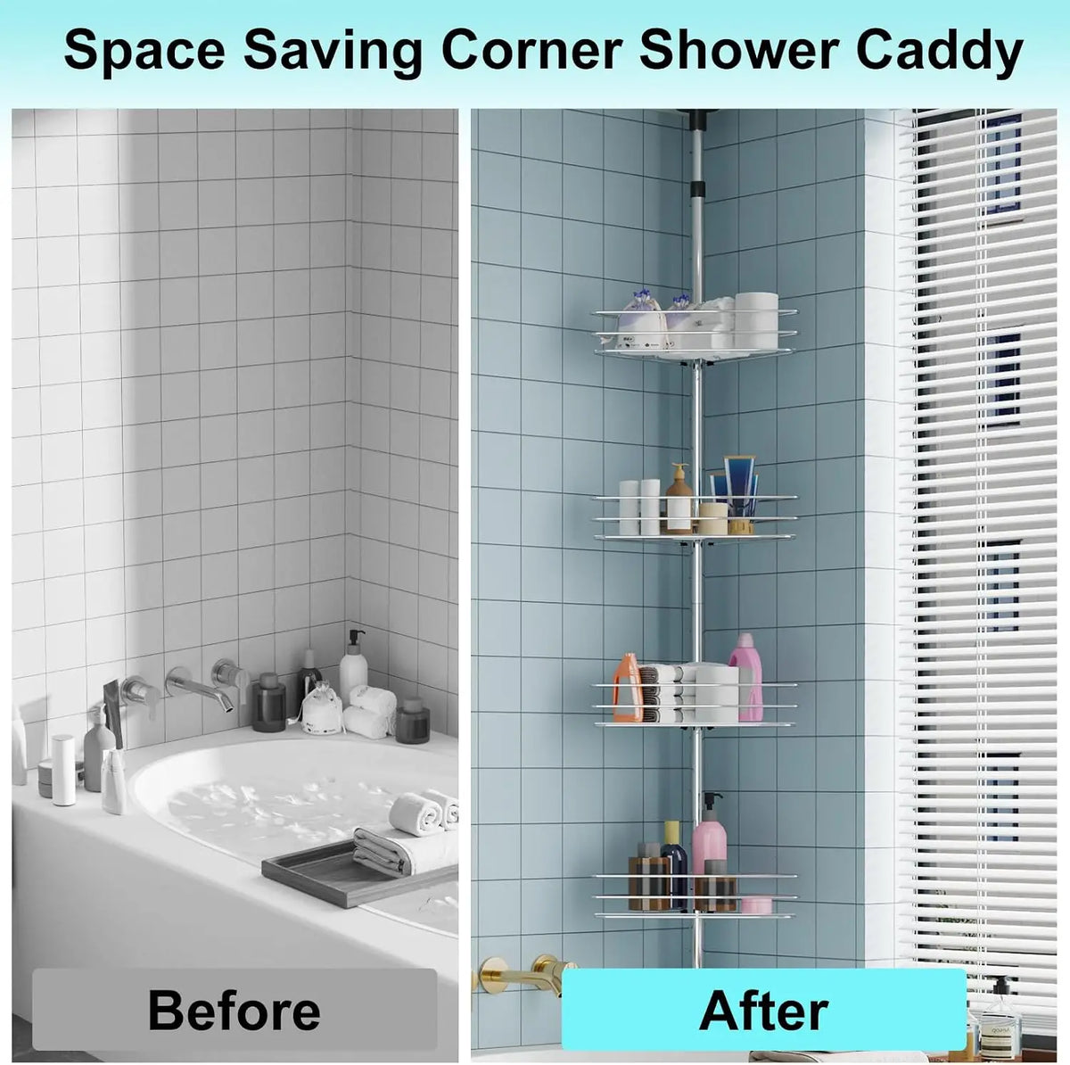 Adjustable Bathroom Corner Shower Tension Pole Organizer Rack
