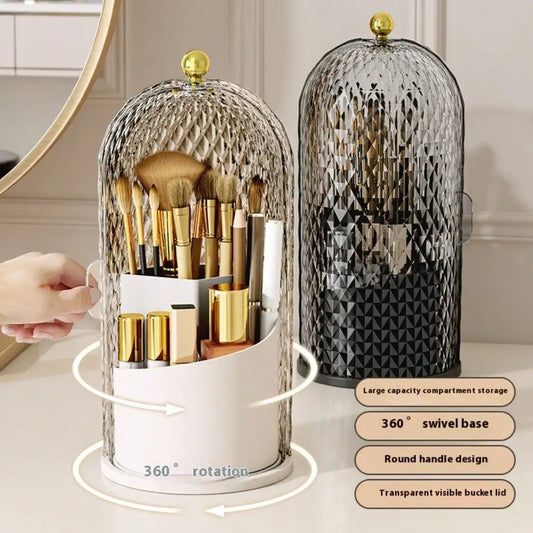Rotating Cosmetic Storage Organizer With Brush Lid