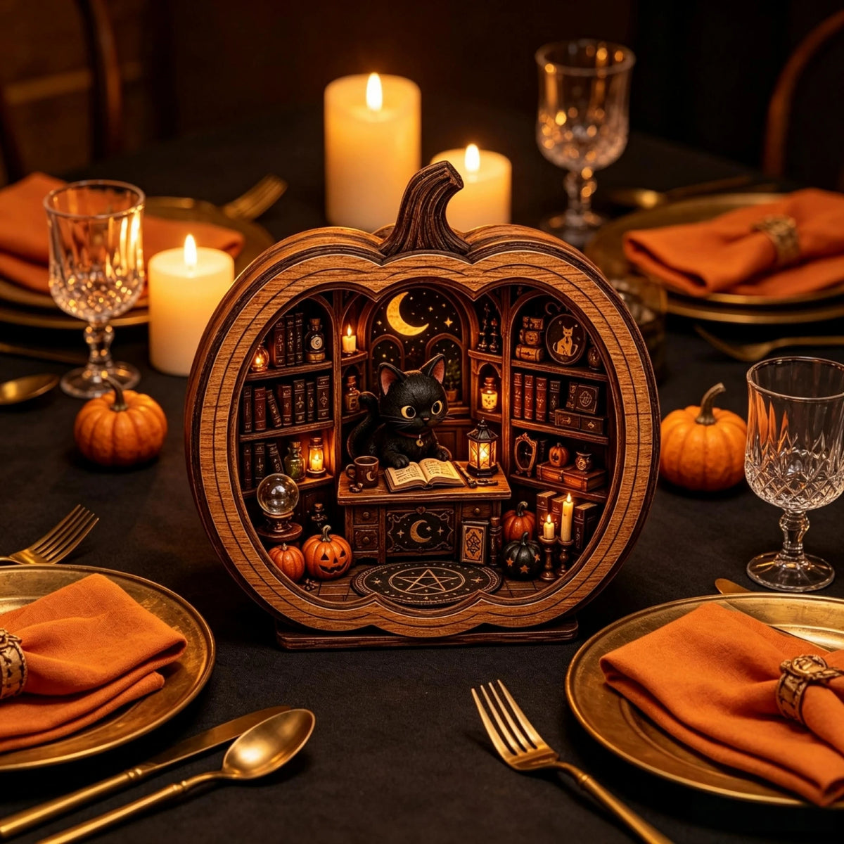 Halloween Cat Bookshop Pumpkin Figurine Display Stand