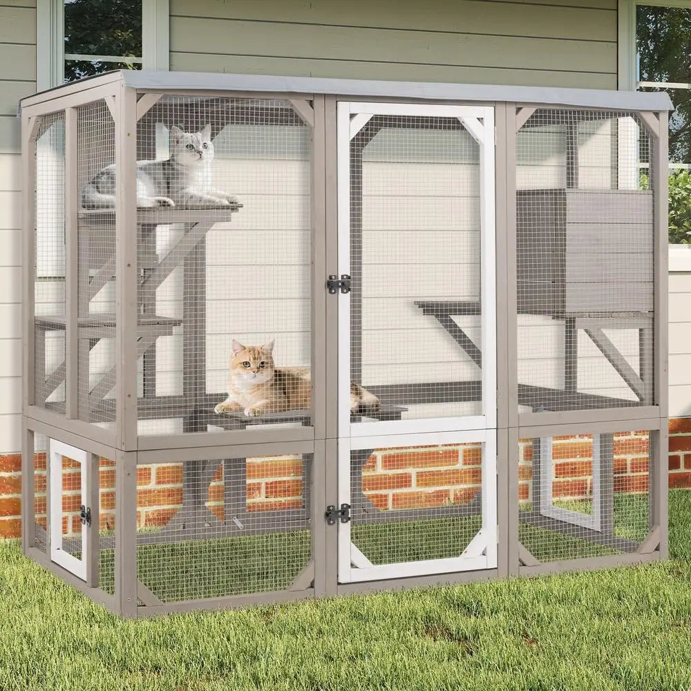 Outdoor Wooden Cat Catio Enclosure With Platforms And Resting Box