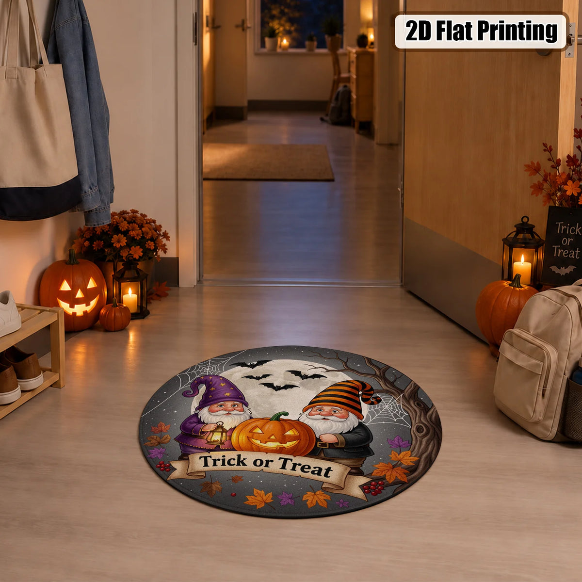 Halloween Gnome Jack-o-Lantern Bat Moon Trick or Treat Round Velvet Doormat, Machine Washable, Stable Placement, Ideal for Entryway, Living Room, Porch, Patio, Great for Halloween, Thanksgiving, Christmas, New Year, Black Fri