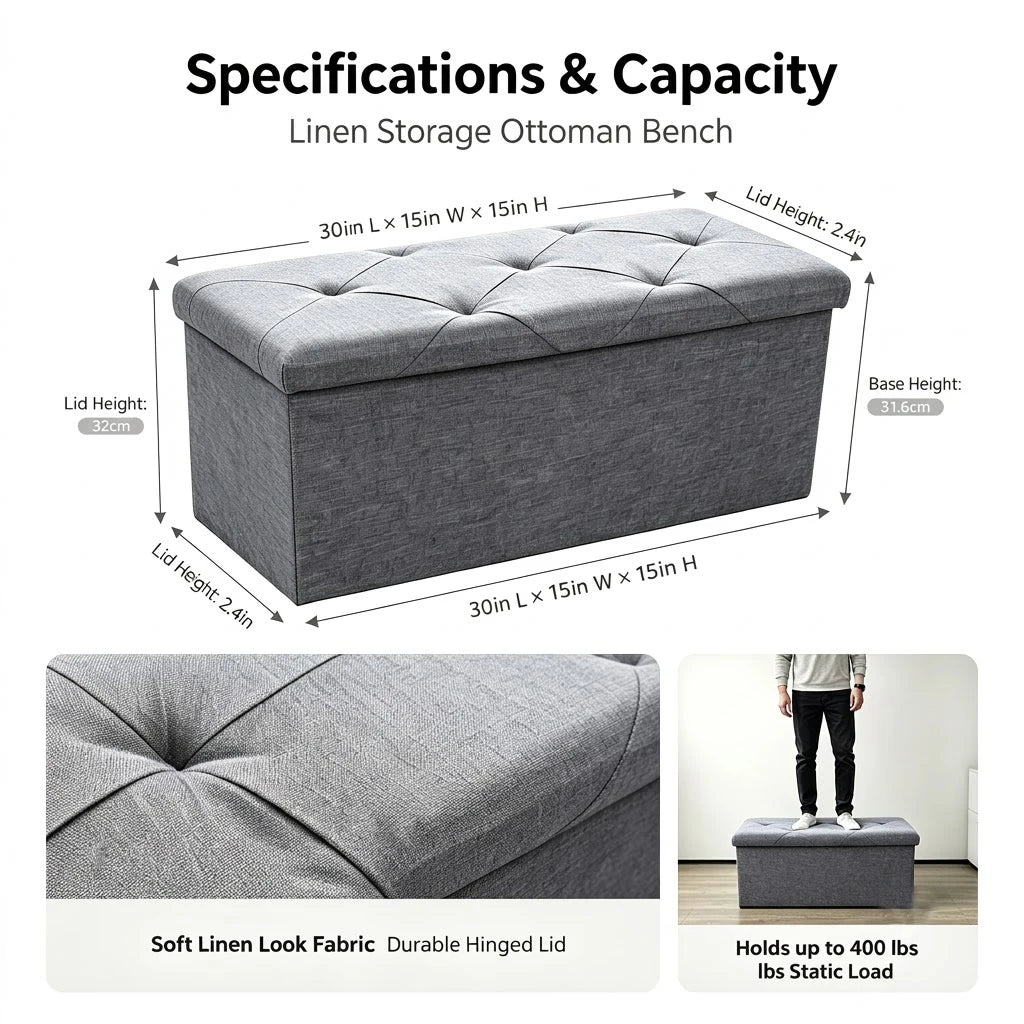 Foldable Wooden Storage Ottoman Bench With Cushion Seat