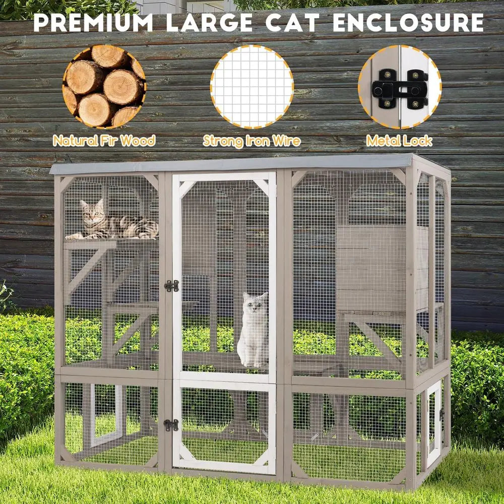 Outdoor Wooden Cat Catio Enclosure With Platforms And Resting Box